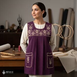 Traditional Mexican Cross-Stitch Embroidered Apron – Deluxe Artisan Smock Style